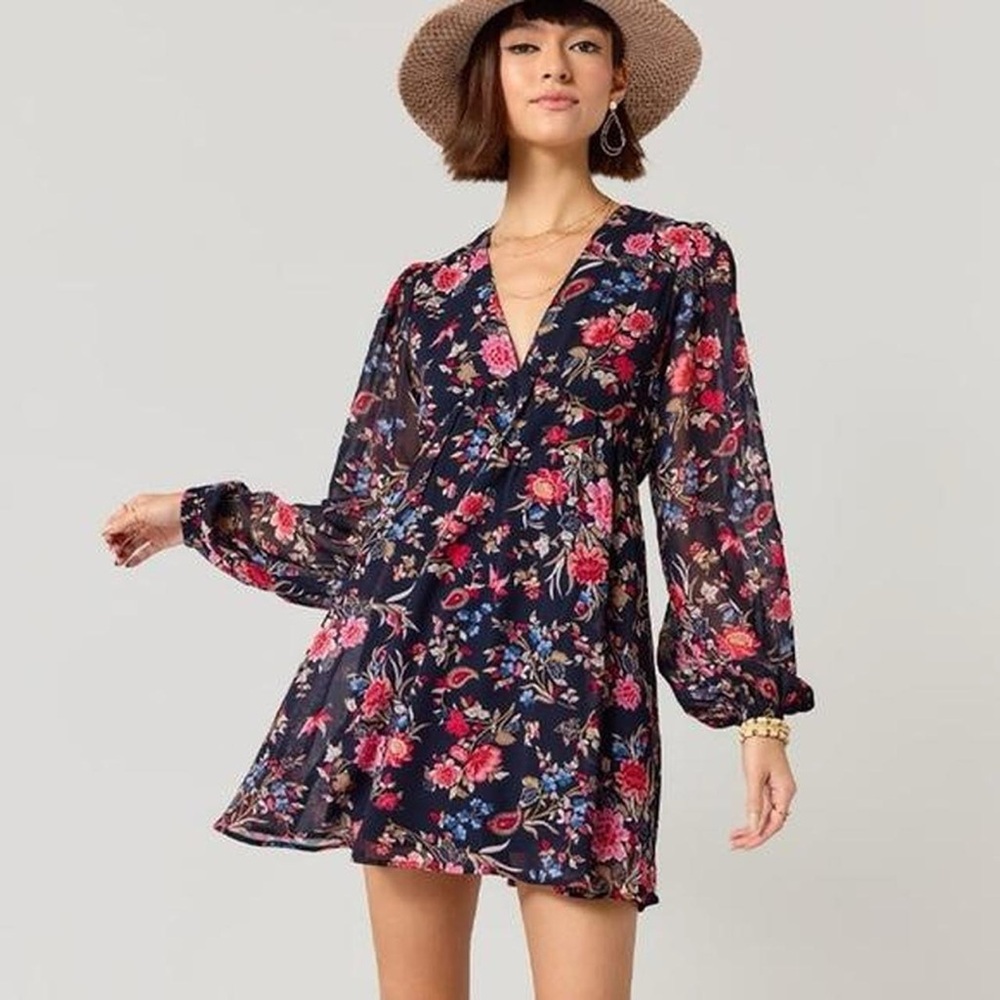 Francesca's Collections Floral Long Sleeve Dress - Navy and Pink